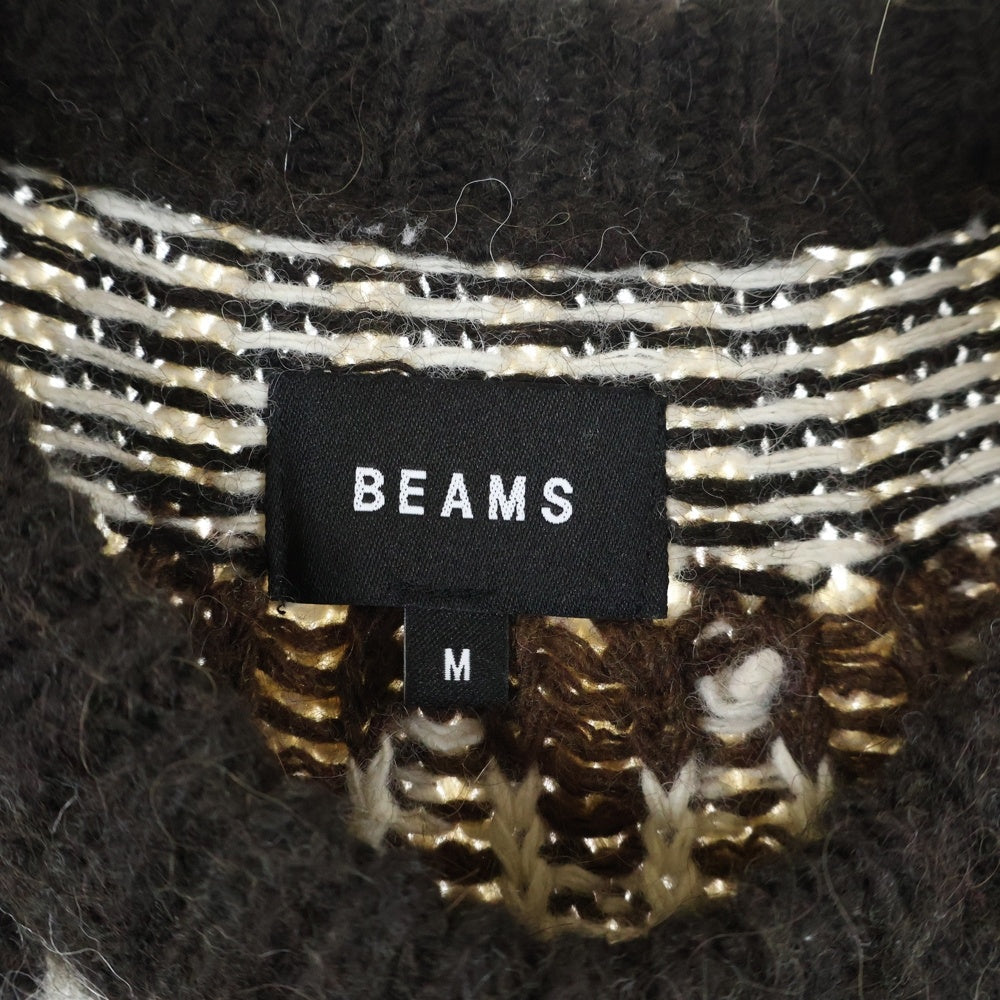 BEAMS(ビームス) シャギー ノルディック 総柄 クルーネック長袖ニットセーター ブラウン 11-15-0012-803