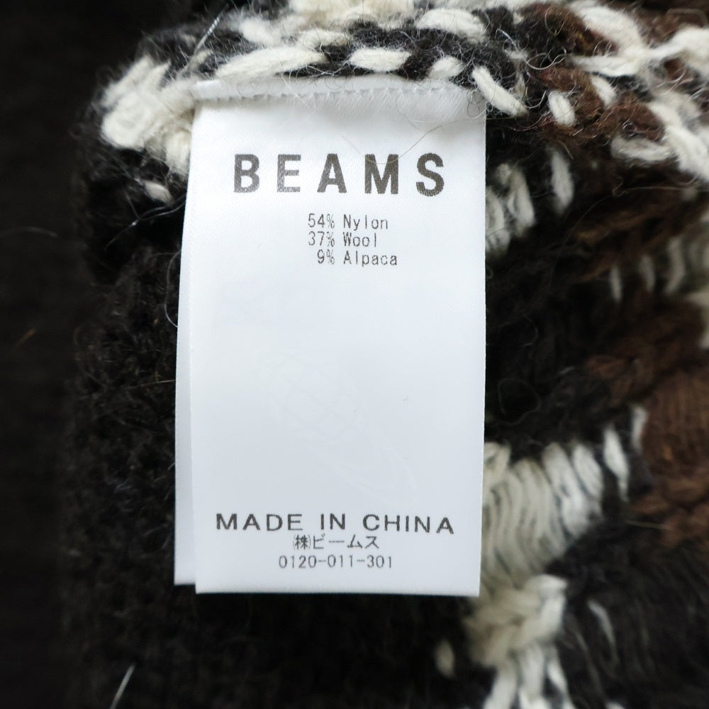 BEAMS(ビームス) シャギー ノルディック 総柄 クルーネック長袖ニットセーター ブラウン 11-15-0012-803
