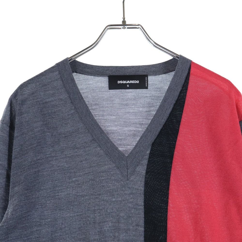 DSQUARED2(ディースクエアード) Vネック カラーブロックパターン ウールニットセーター グレー S71HA0655 S14586