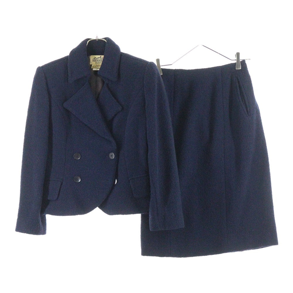 HERMES(エルメス) 馬車タグ ウール ダブルブレスト スーツ ジャケット スカート セットアップ レディース ネイビー