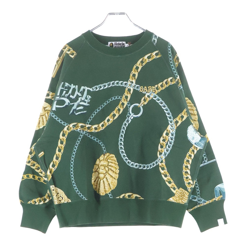 A BATHING APE(アベイシングエイプ) BAPE JEWELS CREWNECK ロゴ刺繍 ベイプ ジュエルズ 総柄プリント クルーネック長袖スウェットトレーナー グリーン 001SWJ801003M