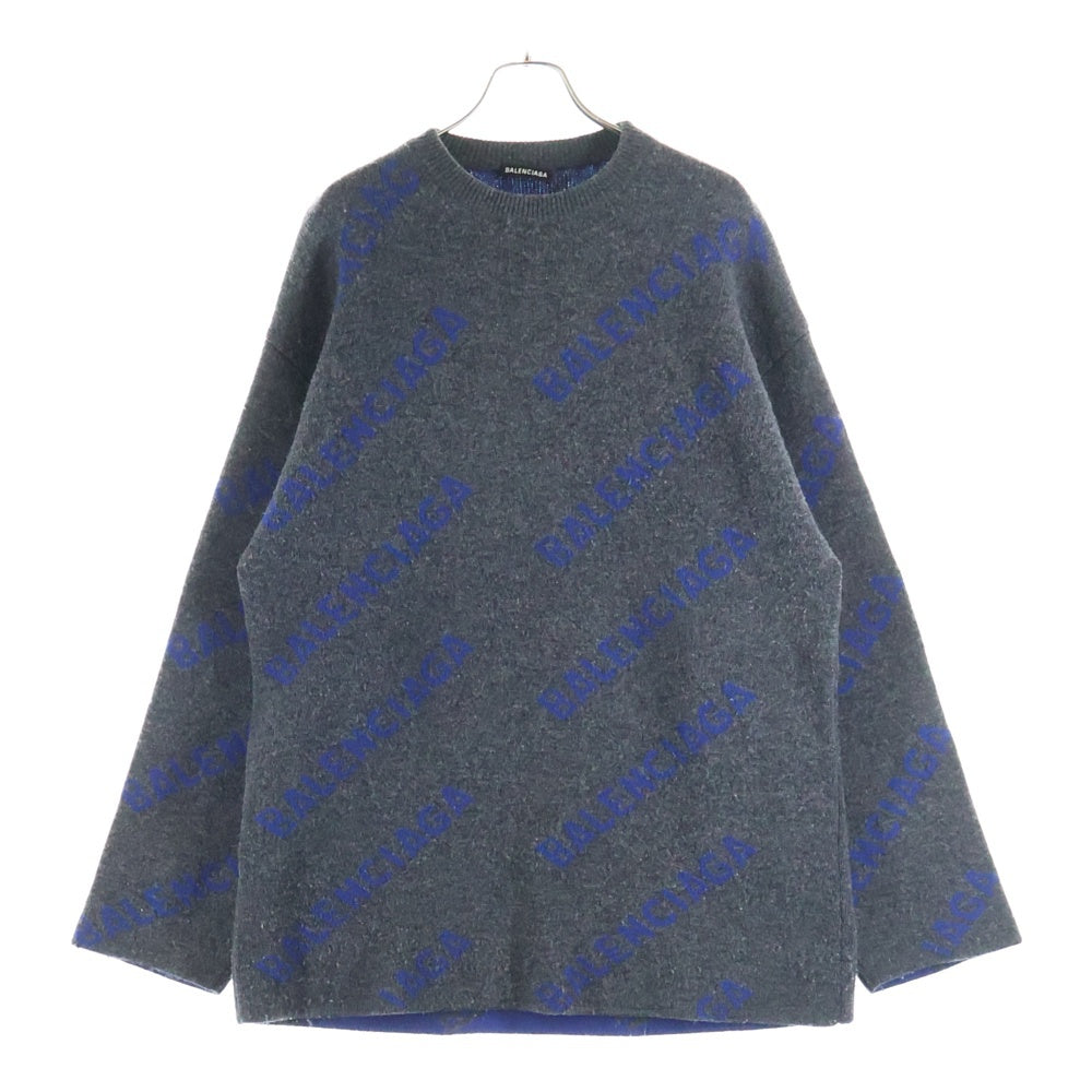 BALENCIAGA バレンシアガ 総柄ロゴ ウール素材 クルーネックニットセーター ネイビー/ブルー 623283T1567 BALENCIAGA(バレンシアガ) 総柄ロゴ ウール素材 クルーネックニット