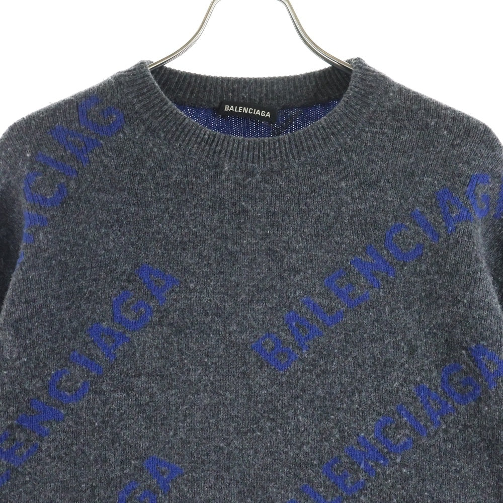 BALENCIAGA(バレンシアガ) 総柄ロゴ ウール素材 クルーネックニットセーター ネイビー/ブルー 623283T1567