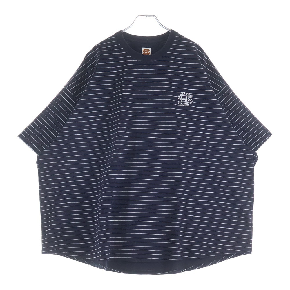 SEE SEE ネイビー ストライプ 長袖カットソー SEE SEE(シーシー) 刺繍ロゴ ストライプ柄 クルーネック 半袖Tシャツ