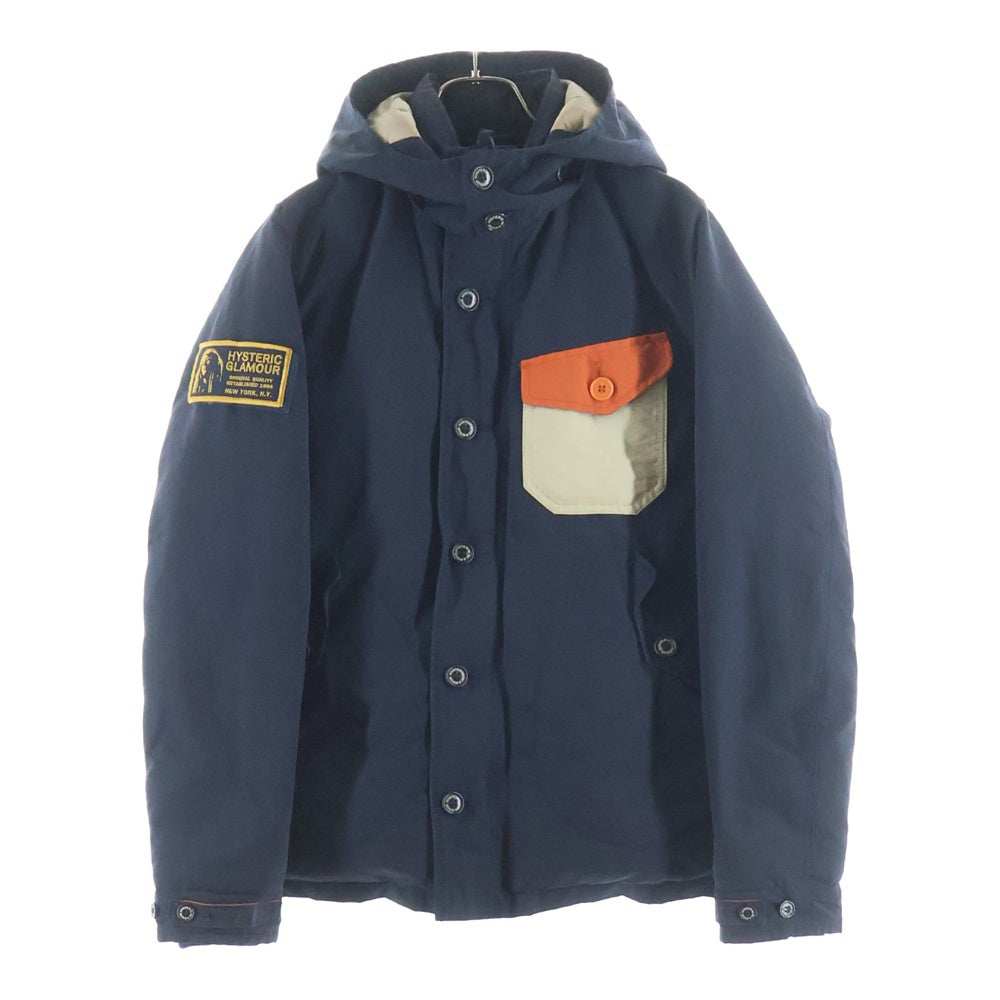 HYSTERIC GLAMOUR(ヒステリックグラマー) ロゴワッペン付き ジップアップ フーデッドダウンジャケット ネイビー