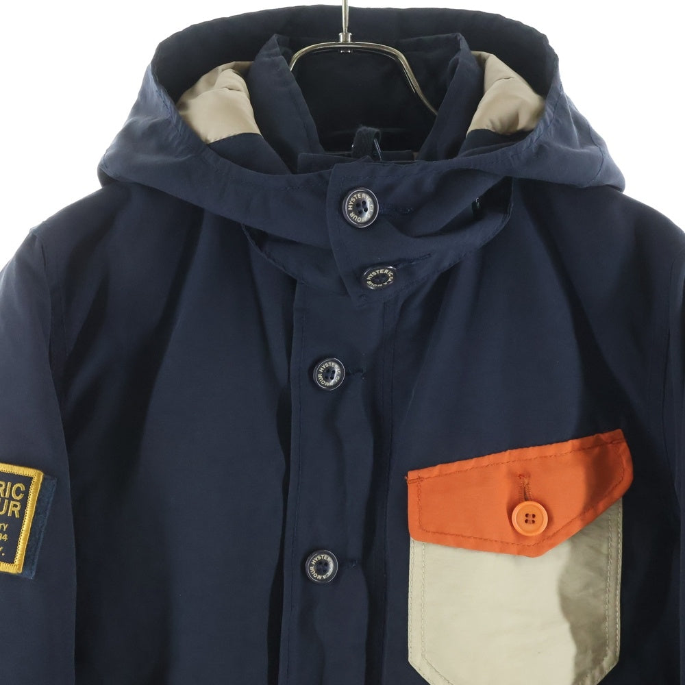 HYSTERIC GLAMOUR(ヒステリックグラマー) ロゴワッペン付き ジップアップ フーデッドダウンジャケット ネイビー