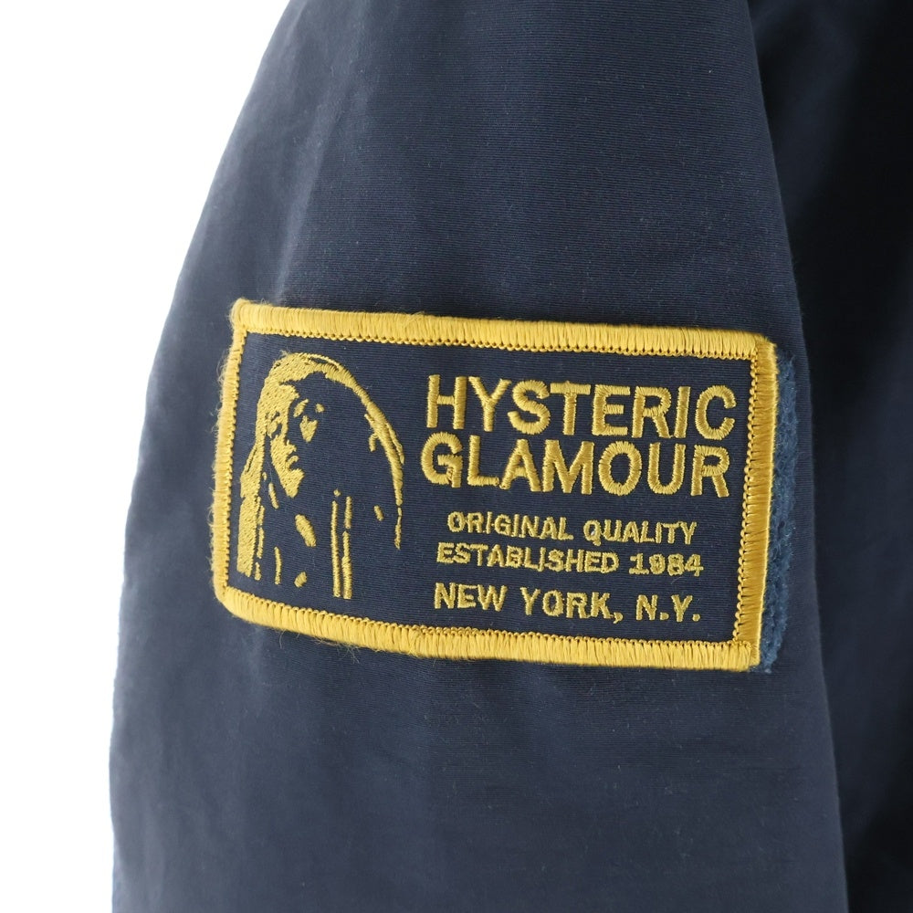 HYSTERIC GLAMOUR(ヒステリックグラマー) ロゴワッペン付き ジップアップ フーデッドダウンジャケット ネイビー