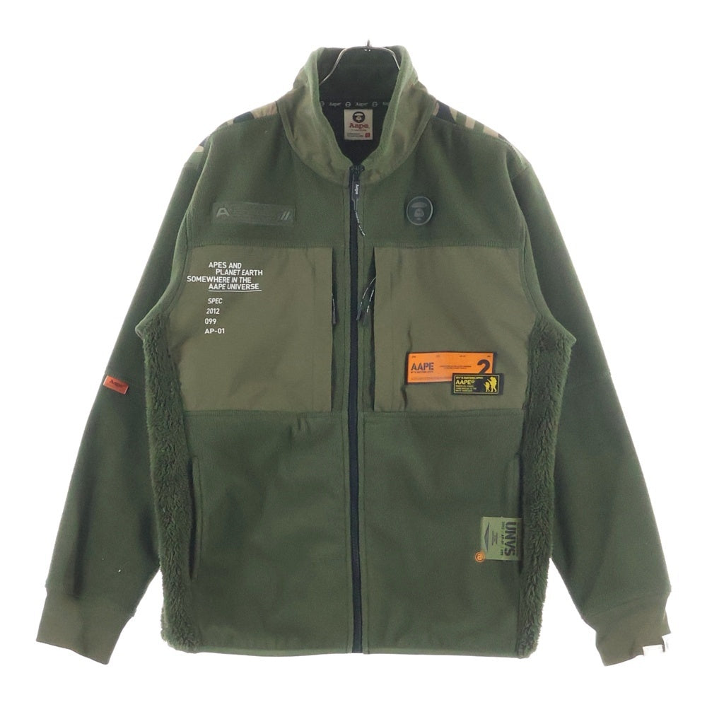 A BATHING APE(アベイシングエイプ) AAPE LOGO FLEECE JACKET ラバーロゴ カモ柄切り替え フリースジャケット カーキ AAPSWM3740XXF