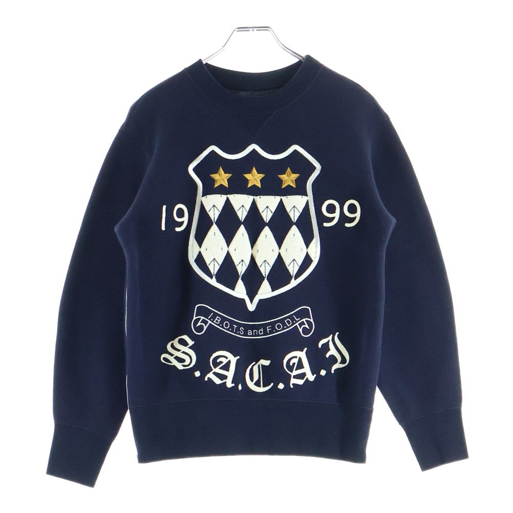 Sacai(サカイ) 18AW エンブレム ロゴ サイドジップ クルーネック 長袖スウェットトレーナー カットソー ネイビー レディース 18-04187