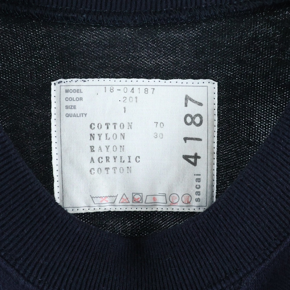 Sacai(サカイ) 18AW エンブレム ロゴ サイドジップ クルーネック 長袖スウェットトレーナー カットソー ネイビー レディース 18-04187