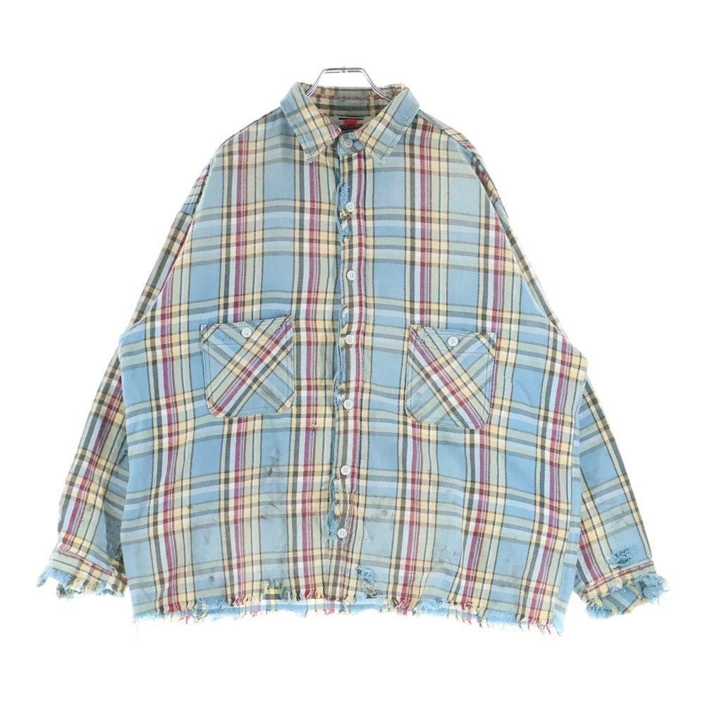 SAINT MICHAEL(セントマイケル) 25SS FLANNEL SHIRT CHECK チェック柄 ヴィンテージ加工 長袖フランネルシャツ ブルー SM-YS1-0000-C37