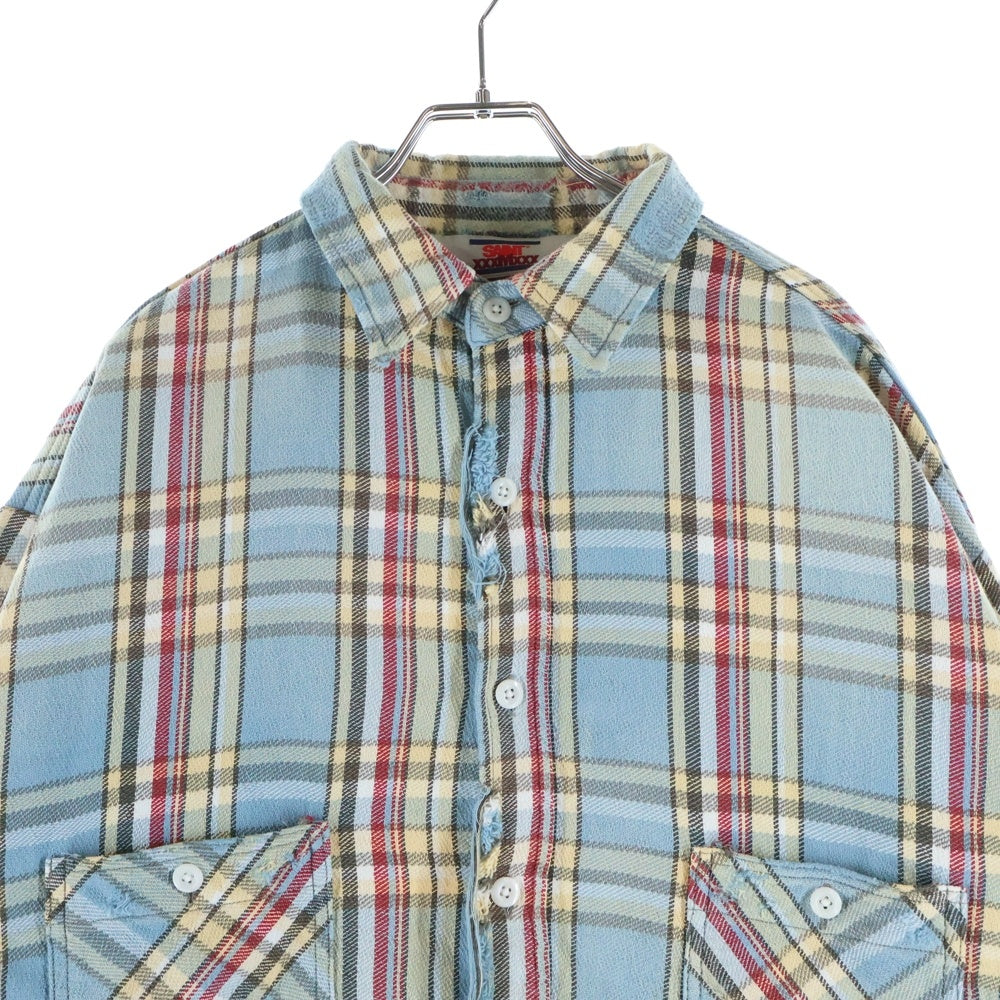 SAINT MICHAEL(セントマイケル) 25SS FLANNEL SHIRT CHECK チェック柄 ヴィンテージ加工 長袖フランネルシャツ ブルー SM-YS1-0000-C37