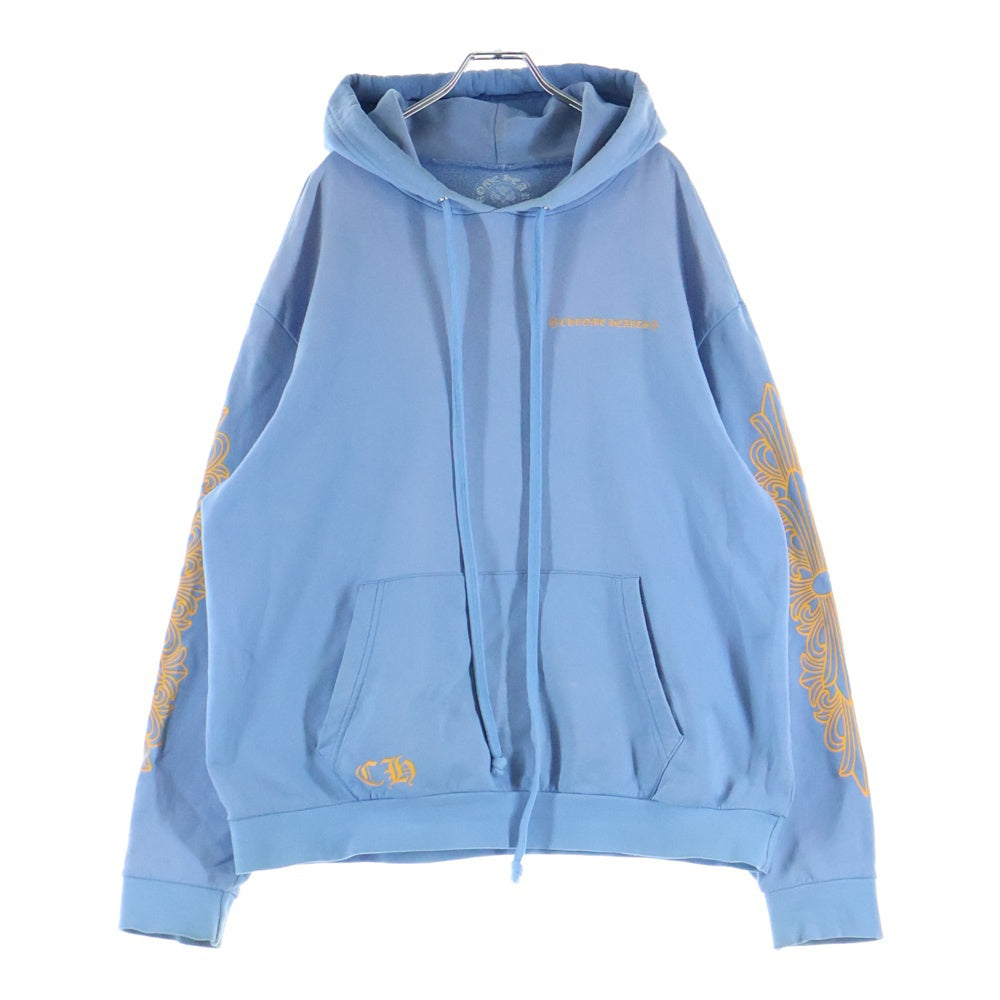 CHROME HEARTS(クロムハーツ) SWTSHRT PLVR 袖フローラルバックスクロールラベルプリント プルオーバーパーカー ブルー/イエロー