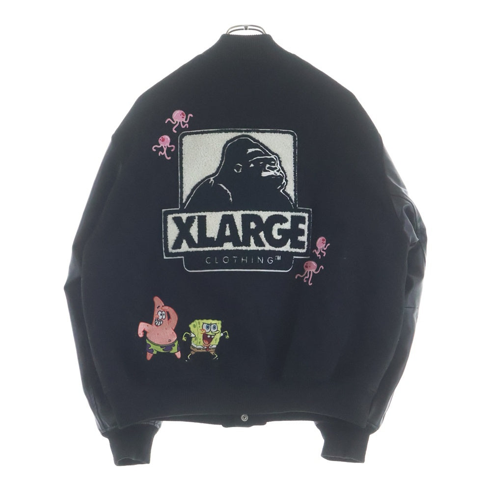 X-LARGE(エクストララージ) 25SS ×Spongebob Varsity Jacket Black ×スポンジボブ カレッジロゴワッペン ウール切替ヴァーシティージャケット ブラック 101251021012