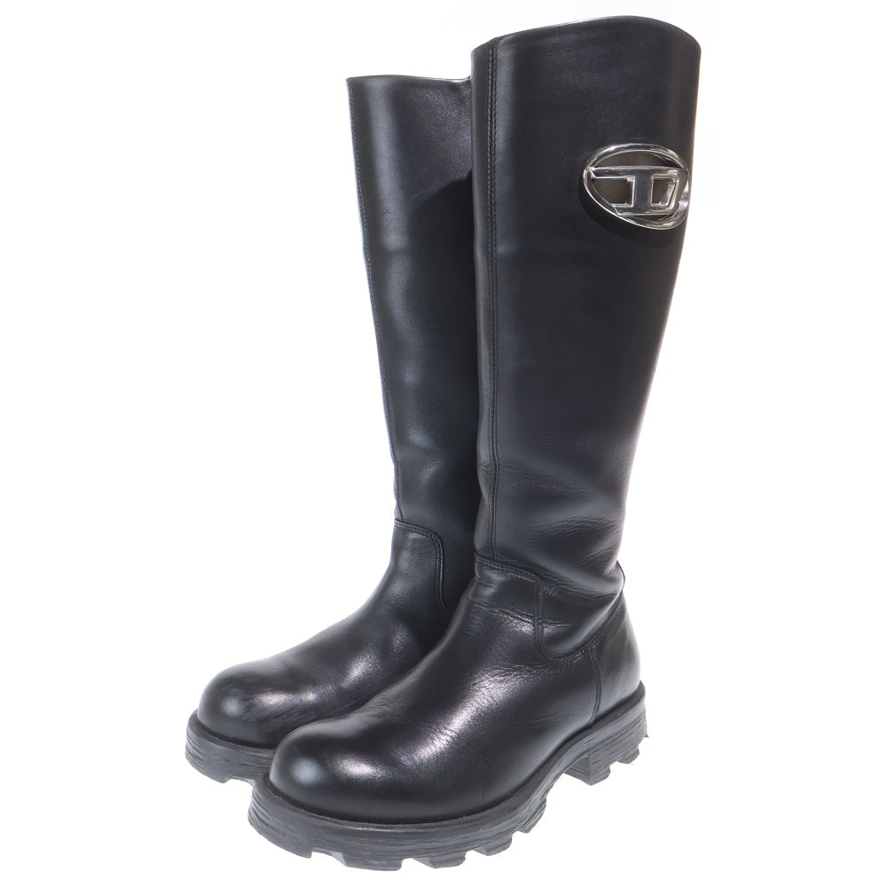 DIESEL(ディーゼル) DHAMMER ダンマー Dロゴ シルバープレート サイドジップ ロングブーツ レディース ブラック