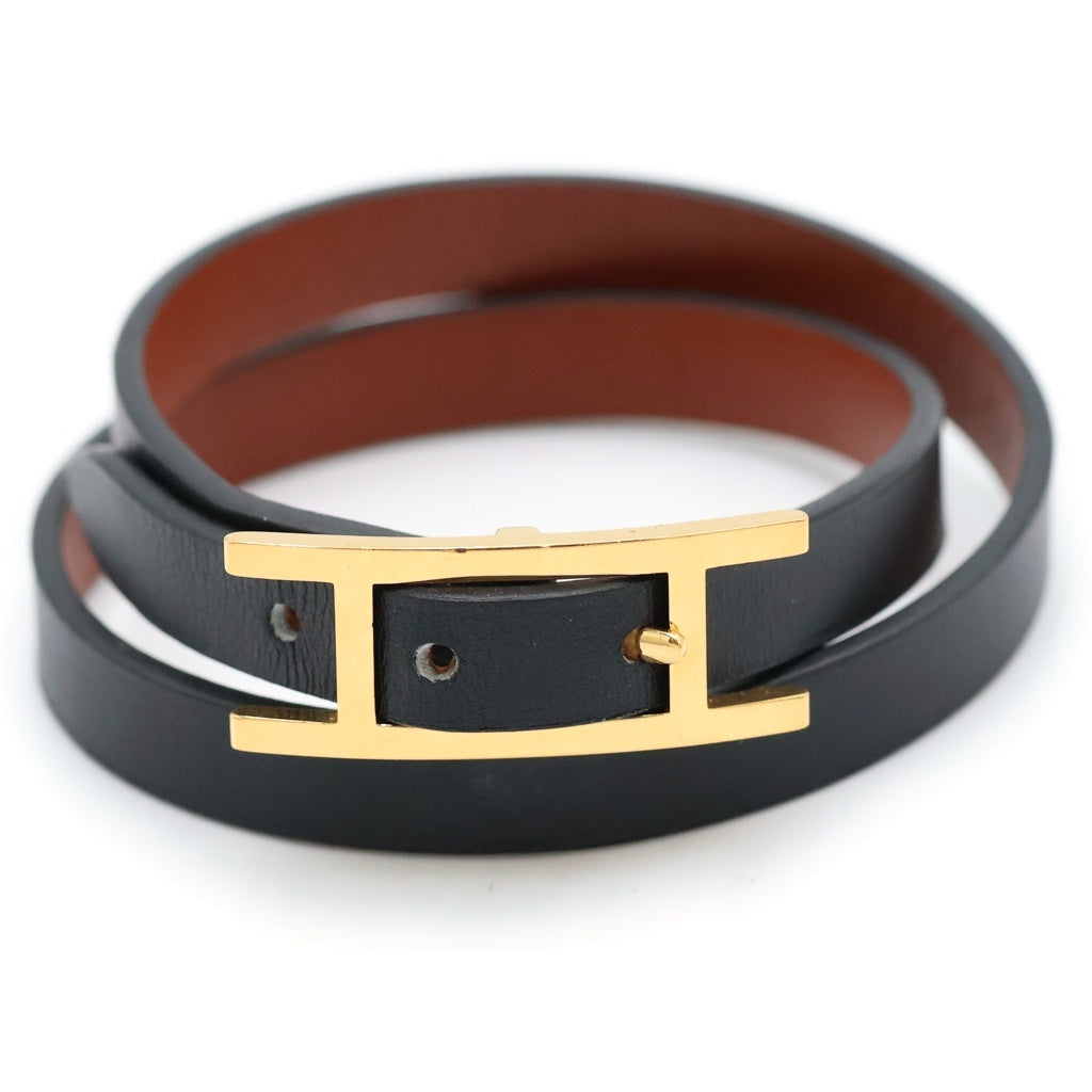 HERMES(エルメス) ビーアピ ドゥブルトゥール レザーブレスレット ブラック/ゴールド レディース
