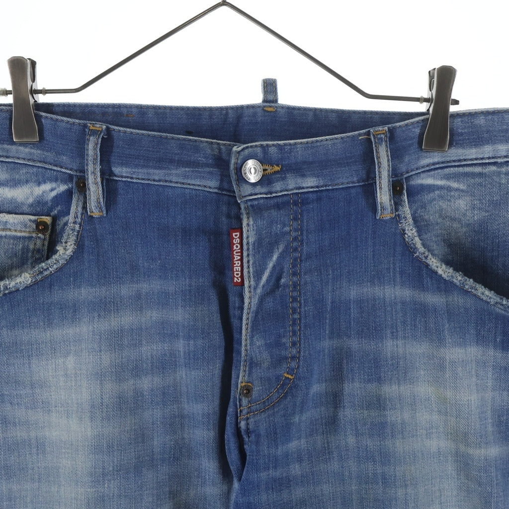 DSQUARED2(ディースクエアード) ロゴパッチ ウォッシュド加工 ボタンフライ スキニーパンツ デニム インディゴ S74LB1276 S30342