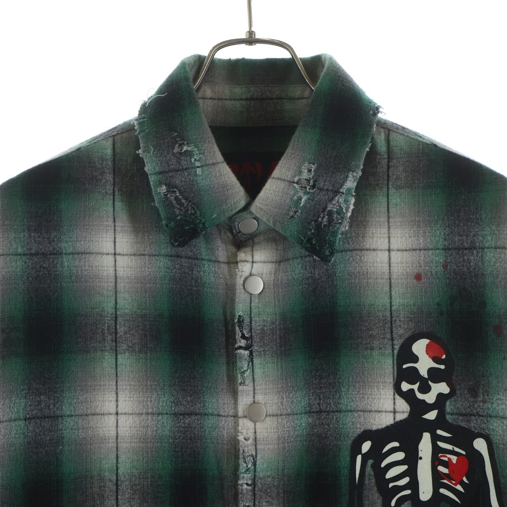 cvtvlist(カタリスト) SKULL CHECK SHIRT スカルプリント デストロイ加工 コットンチェック長袖シャツ グリーン 2401100201