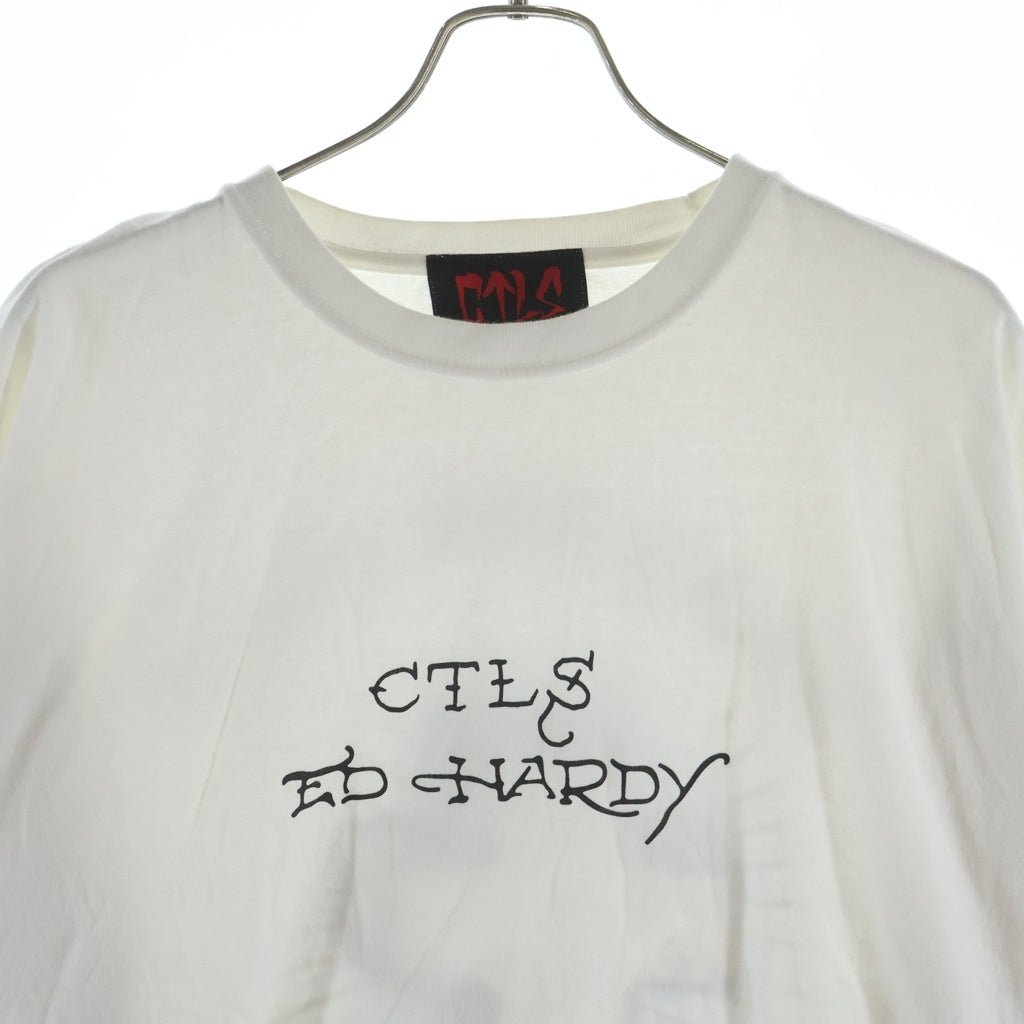 cvtvlist(カタリスト) ×Ed Hardy ×エドハーディー 両面プリントクルーネック長袖Tシャツカットソー ホワイト 210111EH06
