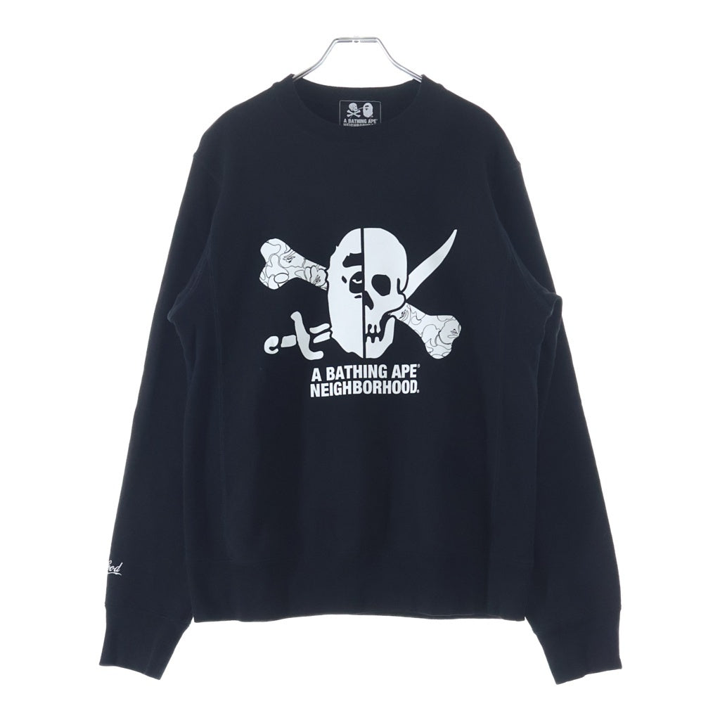 A BATHING APE(アベイシングエイプ) 19SS ×NEIGHBORHOOD Skull Crewneck ×ネイバーフッド フロントロゴプリント クルーネック長袖スウェット ブラック 001SWE731908X