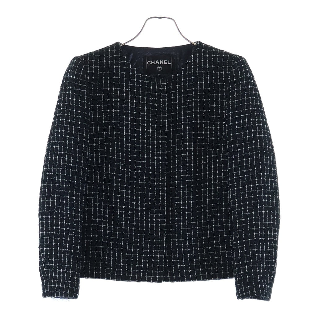 CHANEL(シャネル) チェック柄 ノーカラー 中綿キルティング ツイードジャケット ブラック レディース P53786V40265