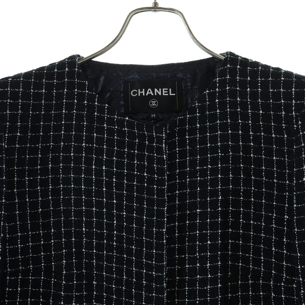 CHANEL(シャネル) チェック柄 ノーカラー 中綿キルティング ツイードジャケット ブラック レディース P53786V40265