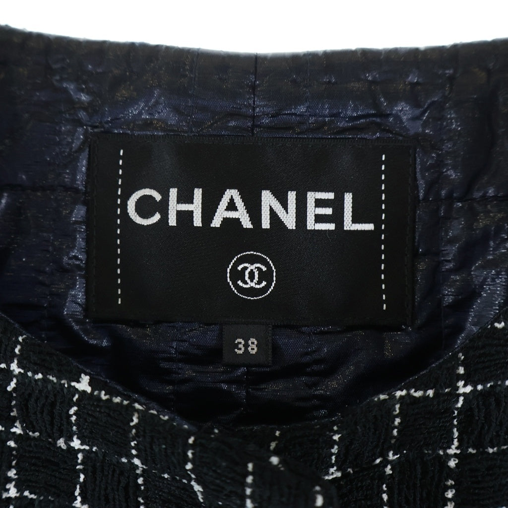 CHANEL(シャネル) チェック柄 ノーカラー 中綿キルティング ツイードジャケット ブラック レディース P53786V40265