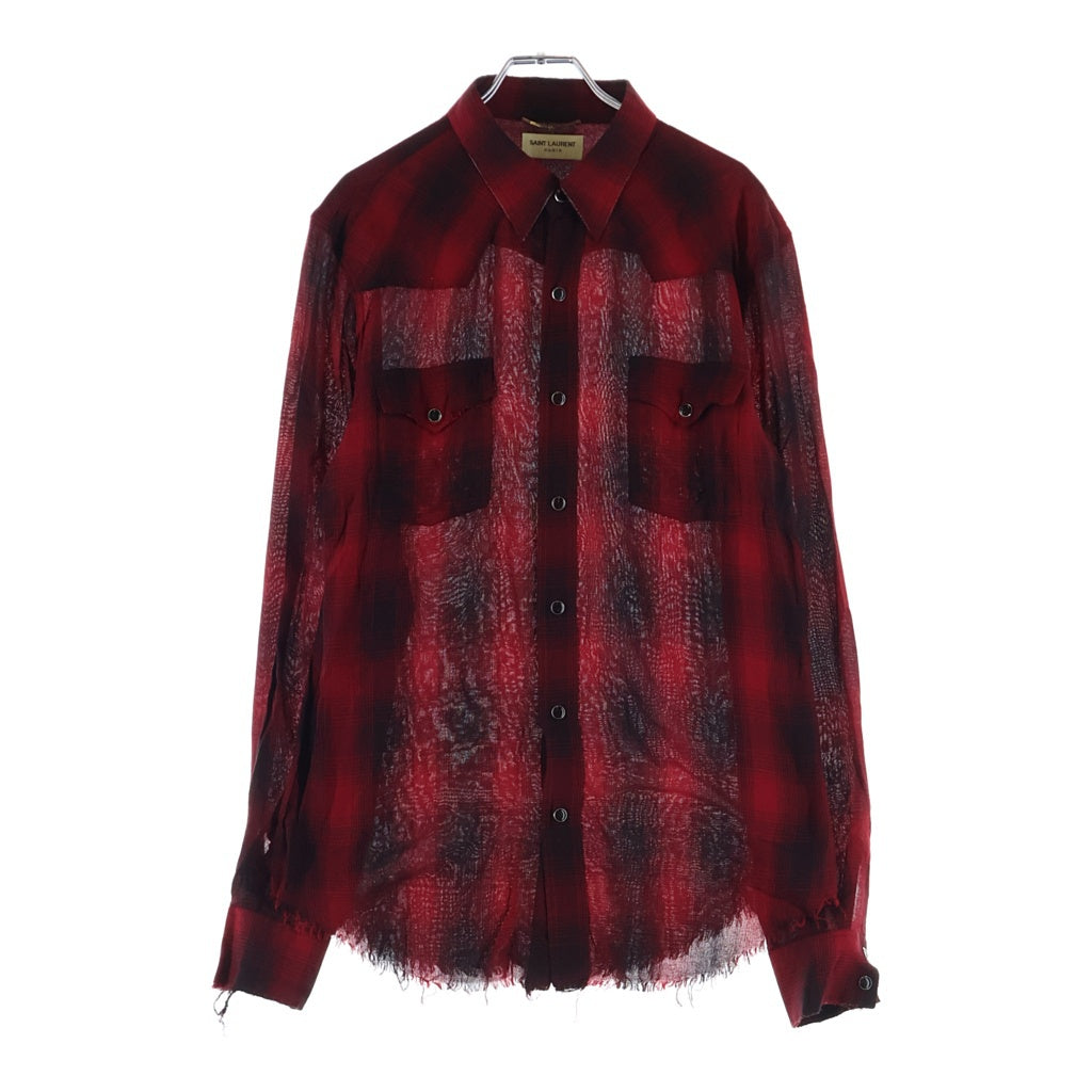 SAINT LAURENT PARIS(サンローランパリ) 16SS エディ期 ダメージ加工 長袖ウエスタンチェックシャツ レッド/ブラック UP53 2015 00583