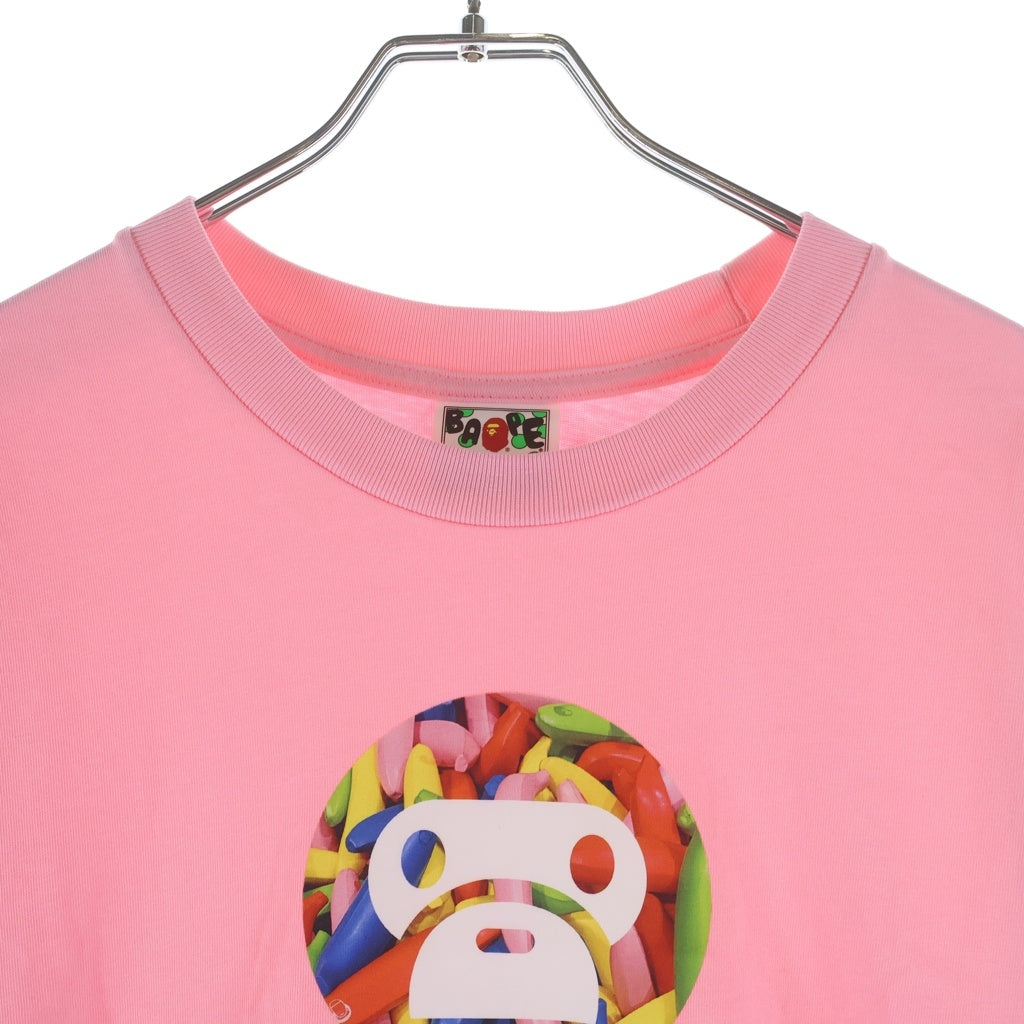 A BATHING APE(アベイシングエイプ) BABY MILO Ape Head ベイビーマイロ エイプヘッド フロントプリントクルーネック半袖Tシャツカットソー ピンク 002TEM301303M