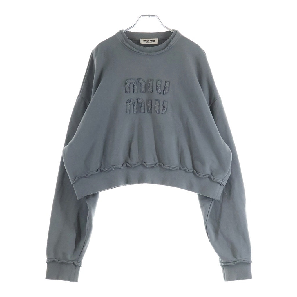 miumiu(ミュウミュウ) 23SS Cropped Sweatshirt ダメージ加工 クロップド クルーネックスウェットトレーナー グレー レディース MJL911