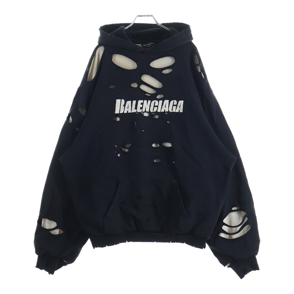 BALENCIAGA(バレンシアガ) 21SS Caps Destroyed Hoodie デストロイ加工 フロントロゴ プルオーバースウェットパーカー ブラック 659403 TKVB6 TKVB