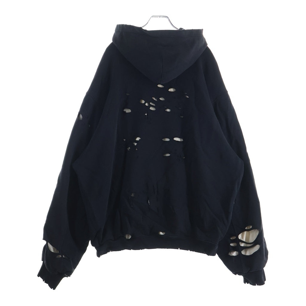 BALENCIAGA(バレンシアガ) 21SS Caps Destroyed Hoodie デストロイ加工 フロントロゴ プルオーバースウェットパーカー ブラック 659403 TKVB6 TKVB