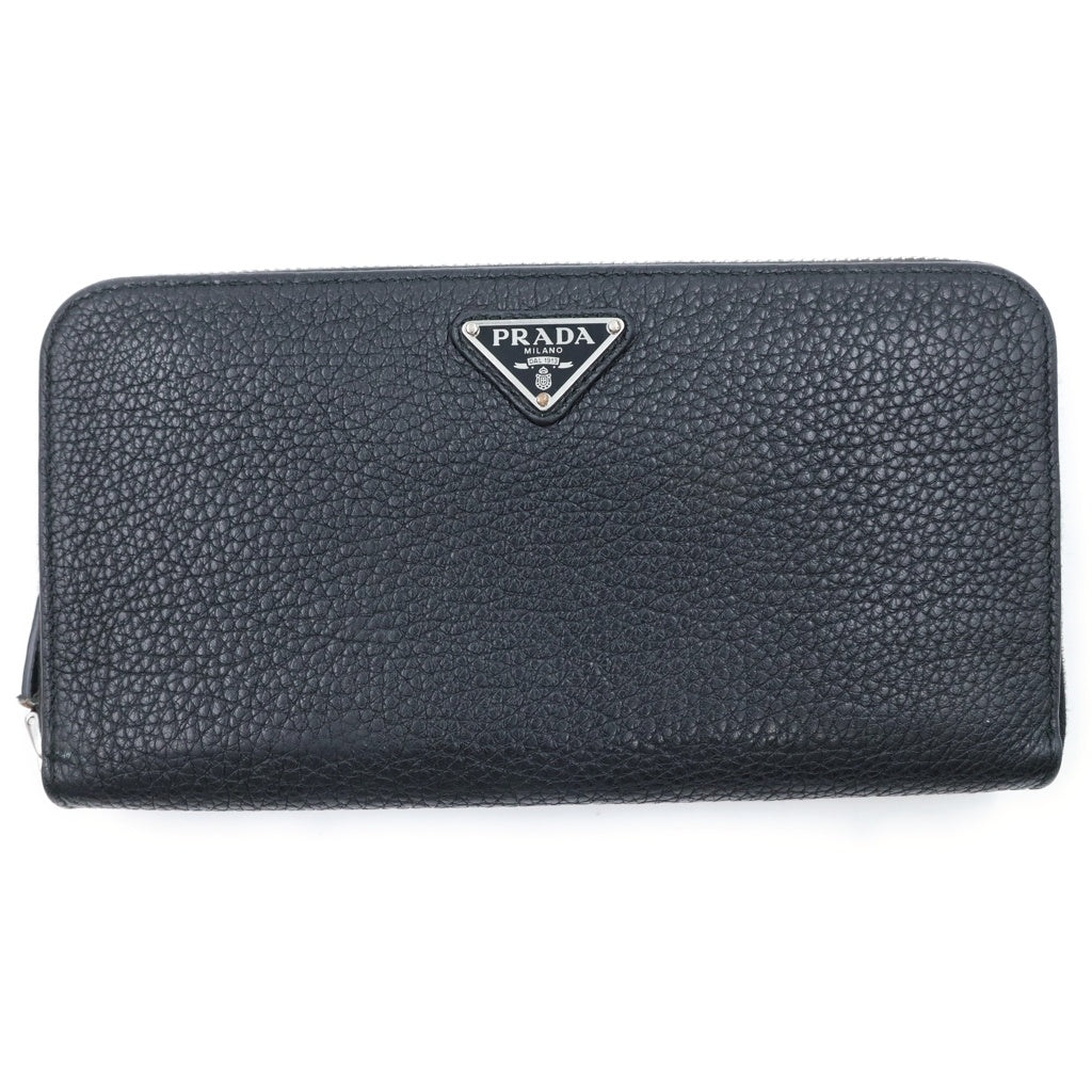 PRADA(プラダ) ヴィッテロダイノ トライアングルロゴ ラウンドファスナーレザーウォレット ブラック レディース