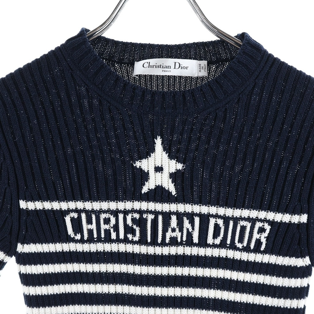 Christian Dior(クリスチャンディオール) DIOR MARINIERE ロゴ編み込み ボーダー半袖ニット レディース ネイビー 254S15AM730