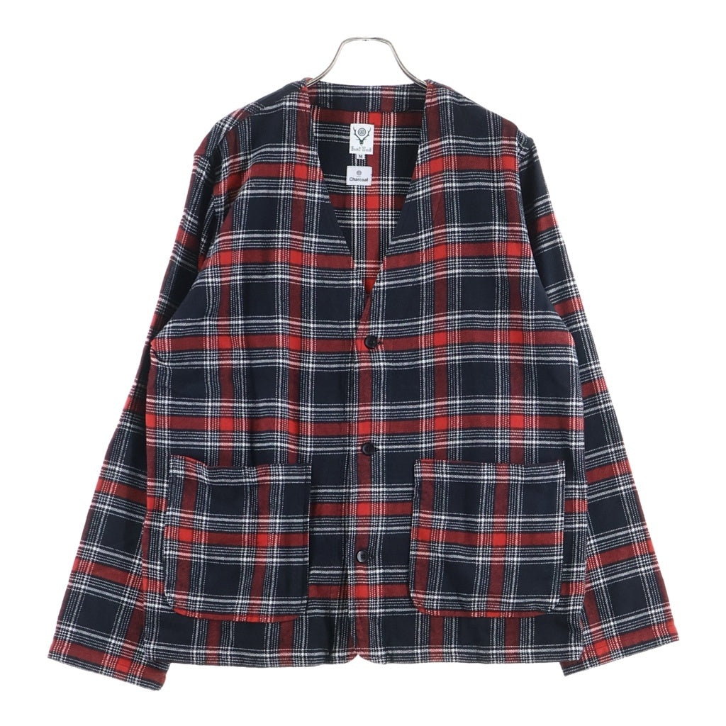 SOUTH2 WEST8(サウス2ウエスト8) ×Charcoal TOKYO ×チャコールトーキョー ノーカラーウールチェック カーディガン レッド LQ857
