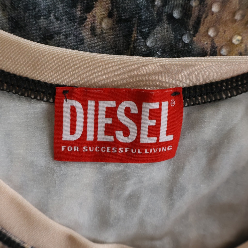 DIESEL(ディーゼル) T-Cutie-LS 総柄ラインストーン クルーネック長袖Tシャツカットソー ブラウン A14595-0KMAQ レディース