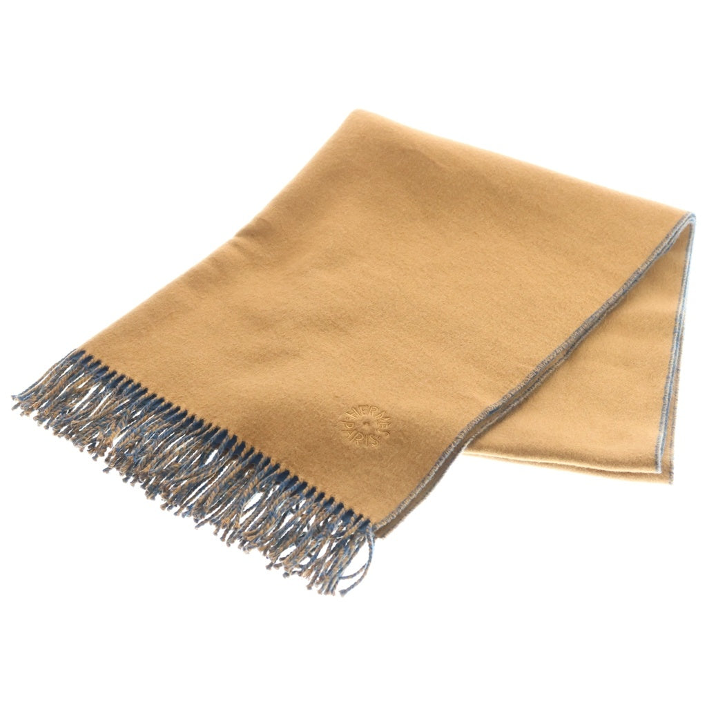 HERMES(エルメス) レクトヴェルソ ロゴ刺繡 カシミヤ大判マフラー ブラウン/ブルー レディース