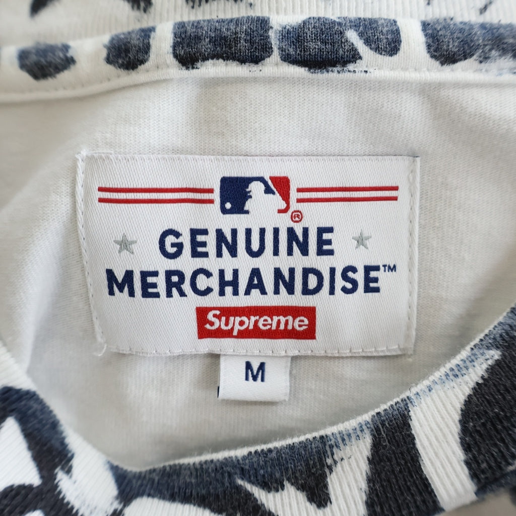 SUPREME(シュプリーム) 21AW ×New York Yankees Airbrush ×ニューヨークヤンキース 総柄ロゴプリント クルーネック半袖Tシャツカットソー ホワイト/ネイビー
