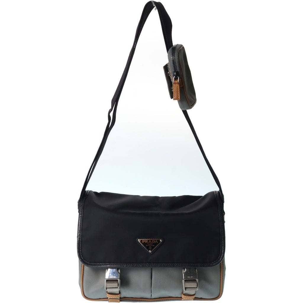 PRADA(プラダ) Re-Nylon サフィアーノレザー切り替えナイロンショルダーバッグ ブラック/グレー 2VD769