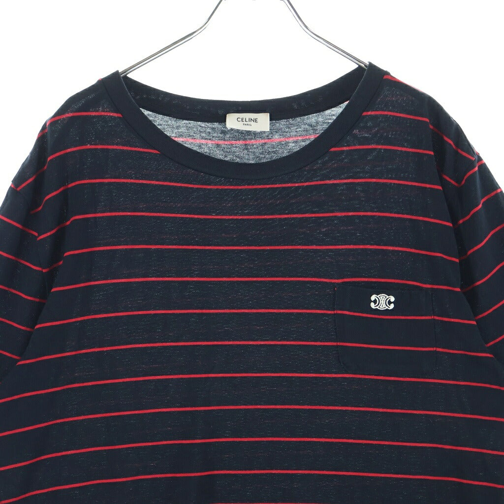 CELINE(セリーヌ) Triomphe Striped Crew Neck トリオンフ ストライプ クルーネック半袖Tシャツカットソー レッド/ブラック 2X58H1001.CAA2