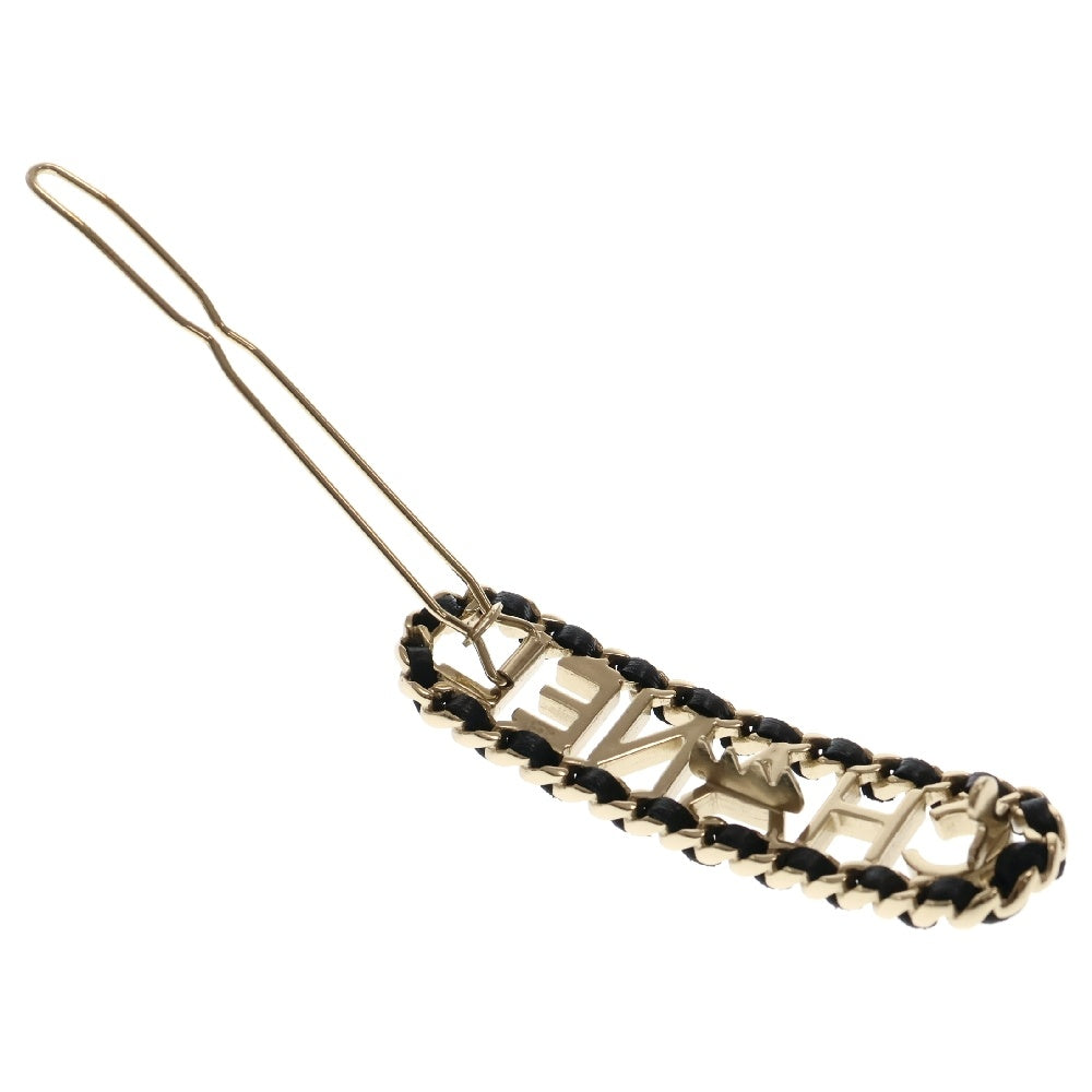 CHANEL(シャネル) ロゴ バレッタ ヘアピン ブラック×ゴールド GP×レザー B20C アクセサリー