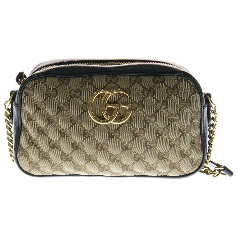 GUCCI(グッチ) GGマーモント キルティング レザー切替 チェーンショルダーバッグ ベージュ×ブラック レディース 735357