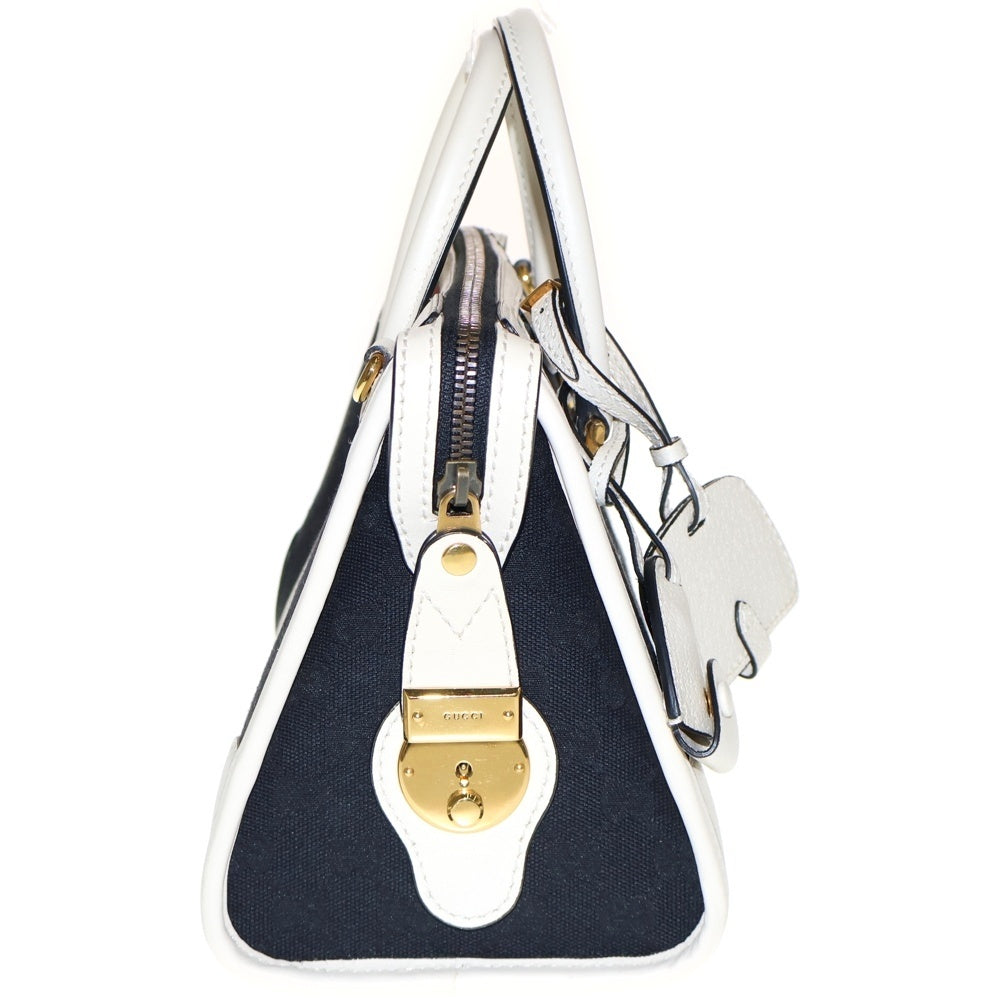 GUCCI(グッチ) ダブルG トップハンドル GGキャンバス 2WAY レザーハンドバッグ ショルダーバッグ ネイビー/ベージュ 715772