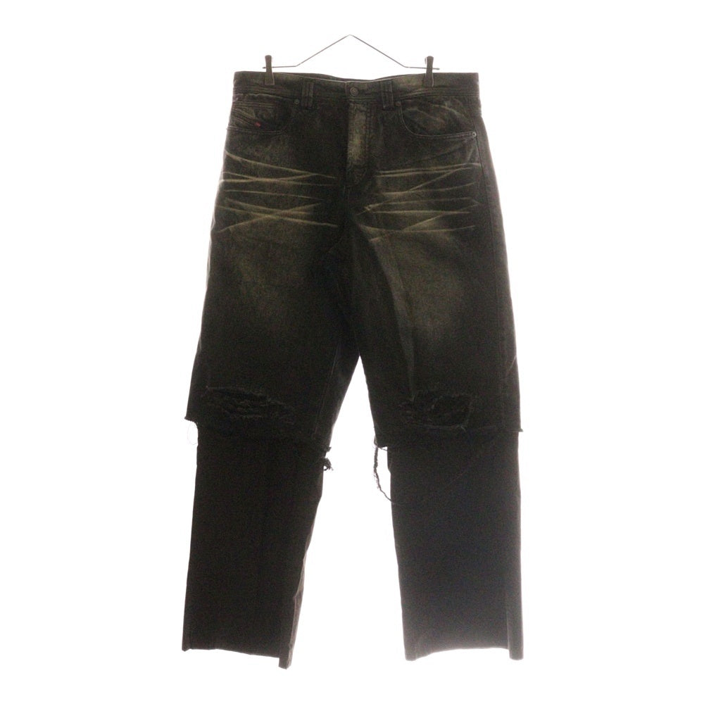DIESEL(ディーゼル) P-HANS 5-Pocket Pants With Layered Leg ダメージ加工 レイヤードレッグ ワイド ストレートデニムパンツ ジーンズ ブラック/ブラウン A14121