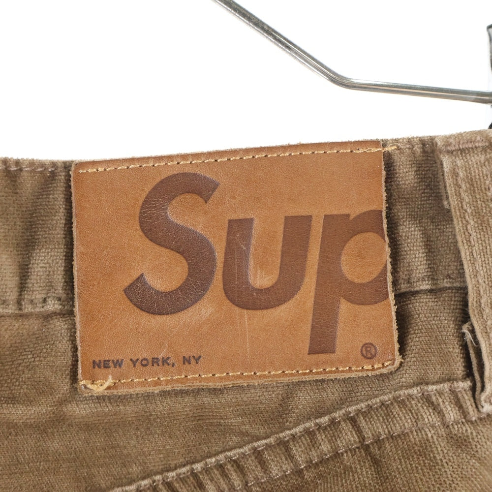 SUPREME(シュプリーム) レザーパッチ ベロア ベルベット ボタンフライ ストレート パンツ ジーンズ ブラウン