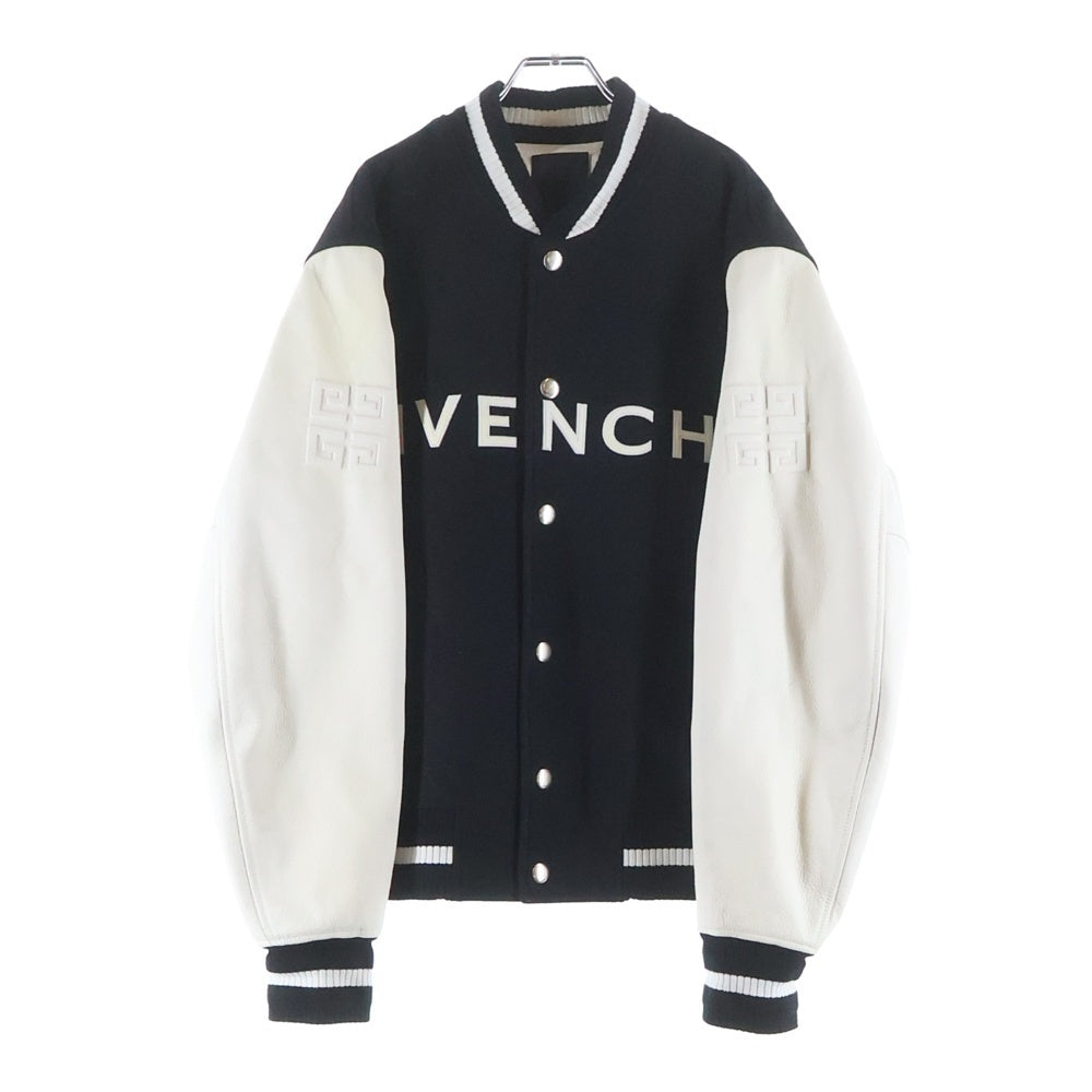 GIVENCHY(ジバンシィ) ロゴ刺繍 レザー切り替え ウールボンバージャケット ブルゾン スタジャン ブラック/ホワイト