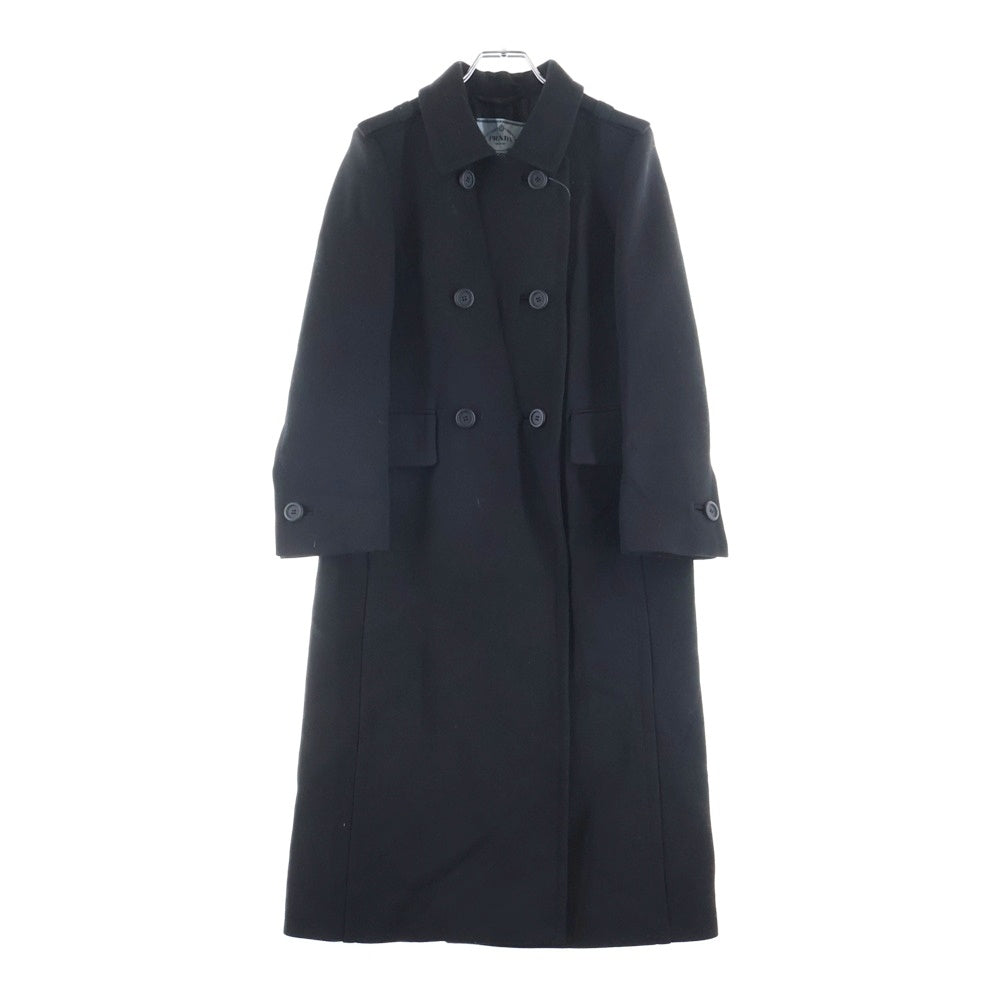 PRADA(プラダ) ショルダーリボントライアングルロゴ ダブルブレスト ウール チェスターコート ブラック レディース