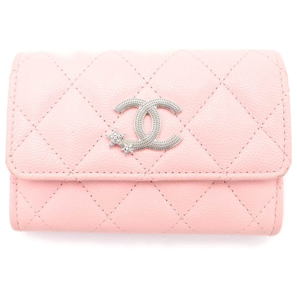 CHANEL(シャネル) マトラッセ スターココ 三つ折り財布 カードケース コンパクトウォレット ピンク キャビアスキン シルバー金具 レディース