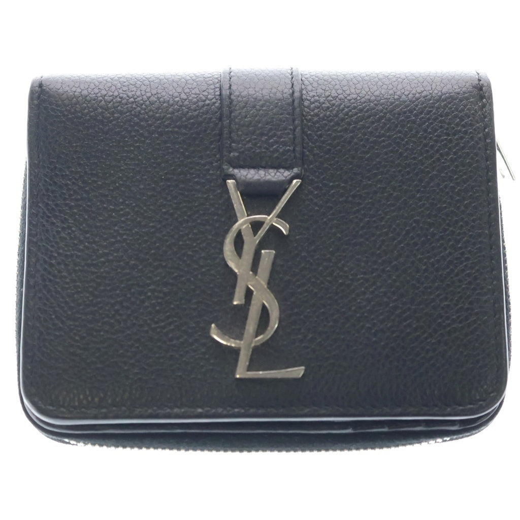 SAINT LAURENT PARIS(サンローランパリ) YSLロゴ シルバー金具 レザー ジップウォレット コンパクトウォレット 二つ折り財布 670285 ブラック レディース