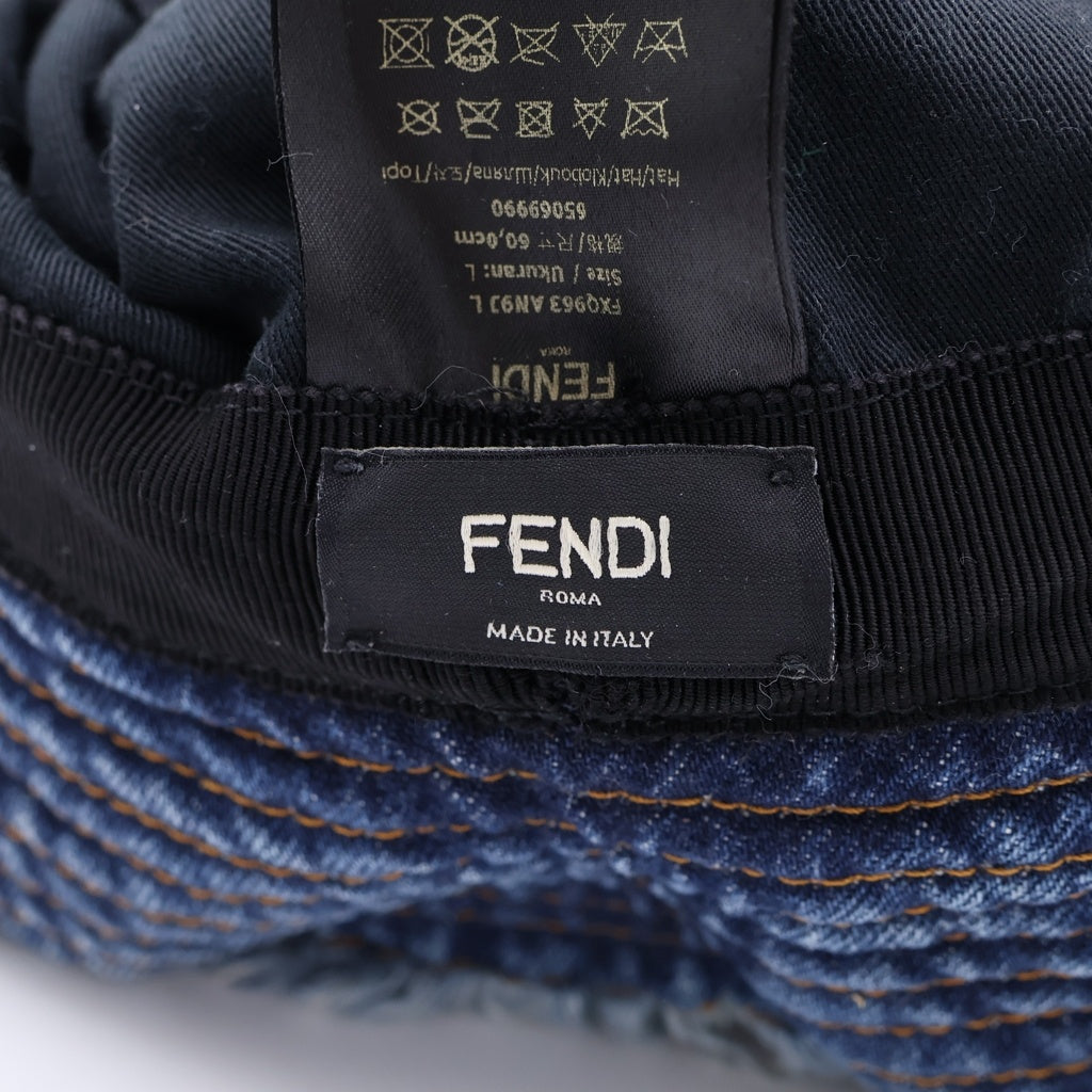 FENDI(フェンディ) ロゴ刺繍 カットオフ デニム フリンジ バケットハット 帽子 インディゴ FXQ963 AN9JS